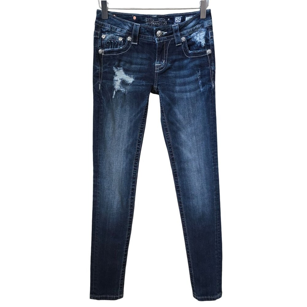 Miss Me Signature Skinny Jeans 25 Medium Wash Distressed Rhinestone Stretch